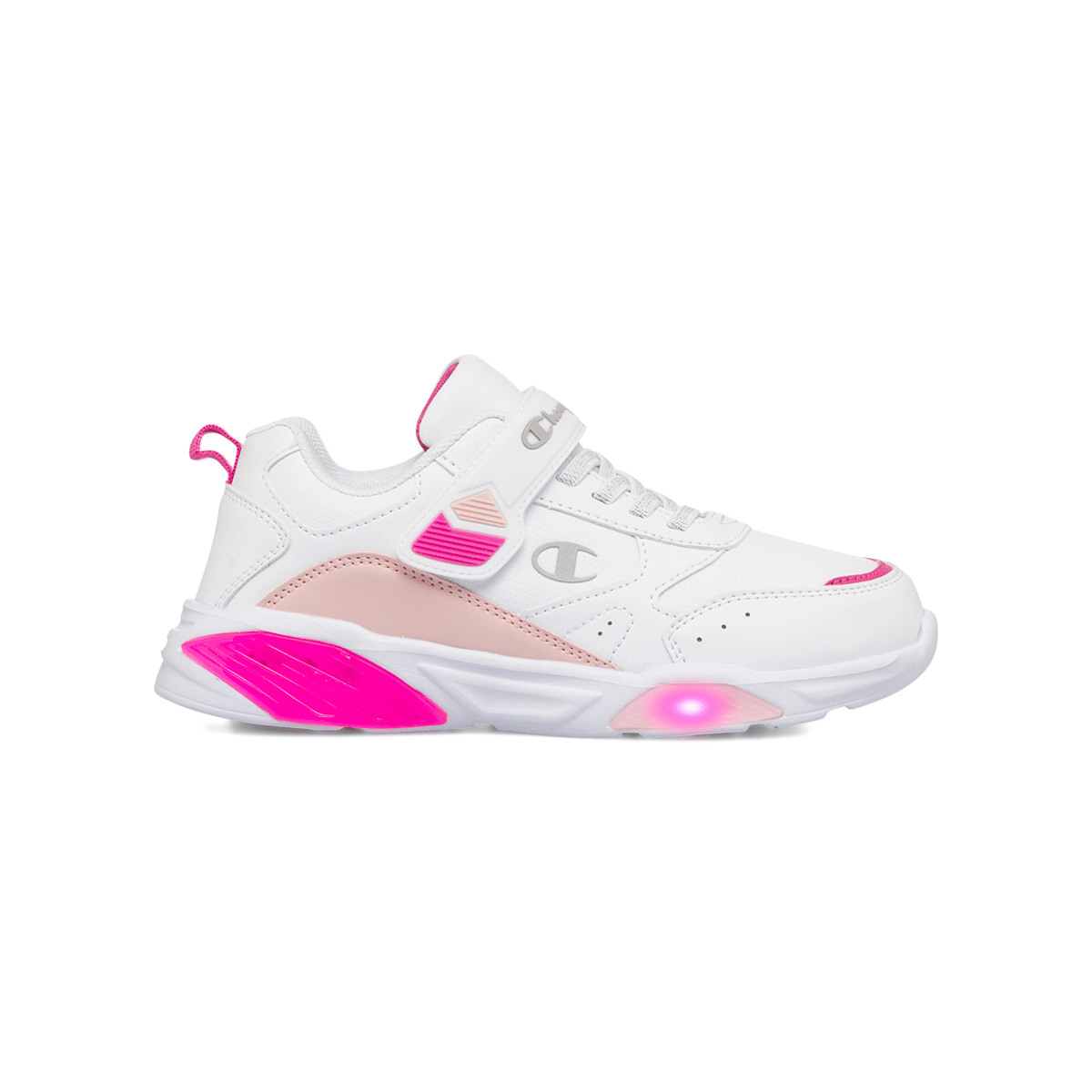 Sneakers bianche da bambina con luci nella suola e dettagli in rosa e fucsia Champion Wave G PS, Brand, SKU s342000176, Immagine 0